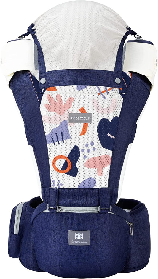 Bebamour bebês - Porta 3-36 meses 6 em 1 Porta-bebês Assento de quadril com capa de cabeça, 3 peças de almofadas para babar (porta-bebê, azul denium)