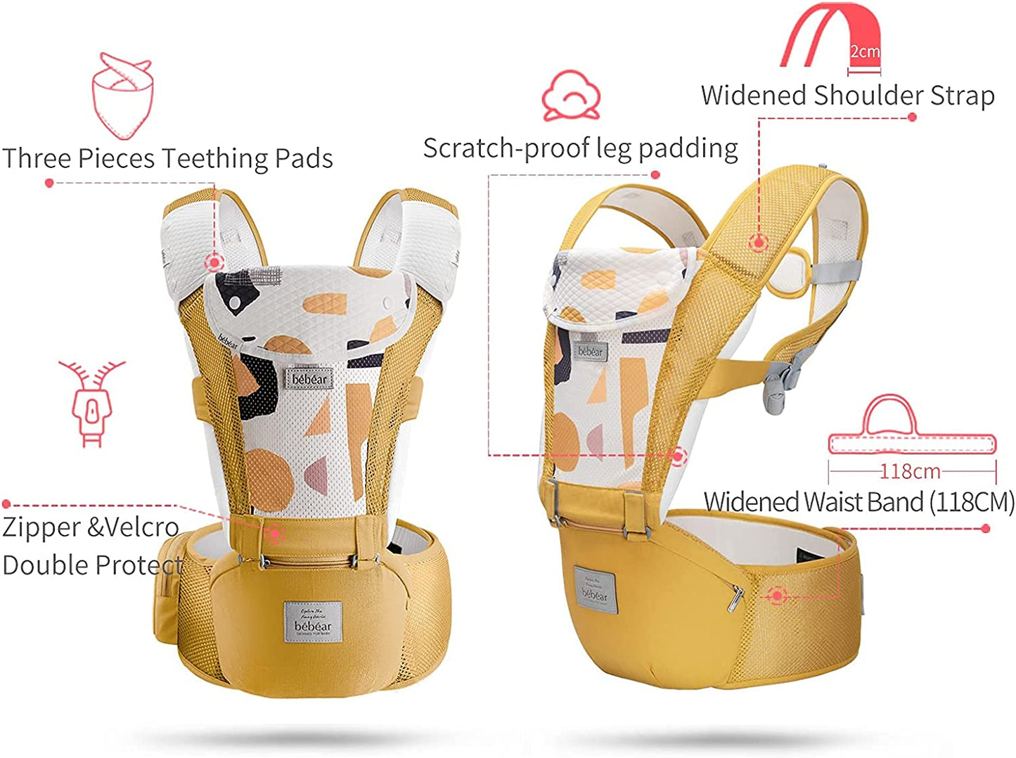 Bebamour bebês - Porta 3-36 meses 6 em 1 Porta-bebês Assento de quadril com capa de cabeça, 3 peças de almofadas para babar (porta-bebês, amarelo ar)