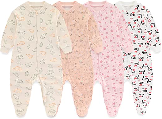 MAMIMAKA unissex para bebês Pijama recém-nascidos, pijama de algodão com zíper de 2 vias para dormir e brincar, pacote de 4,0 a 18 meses