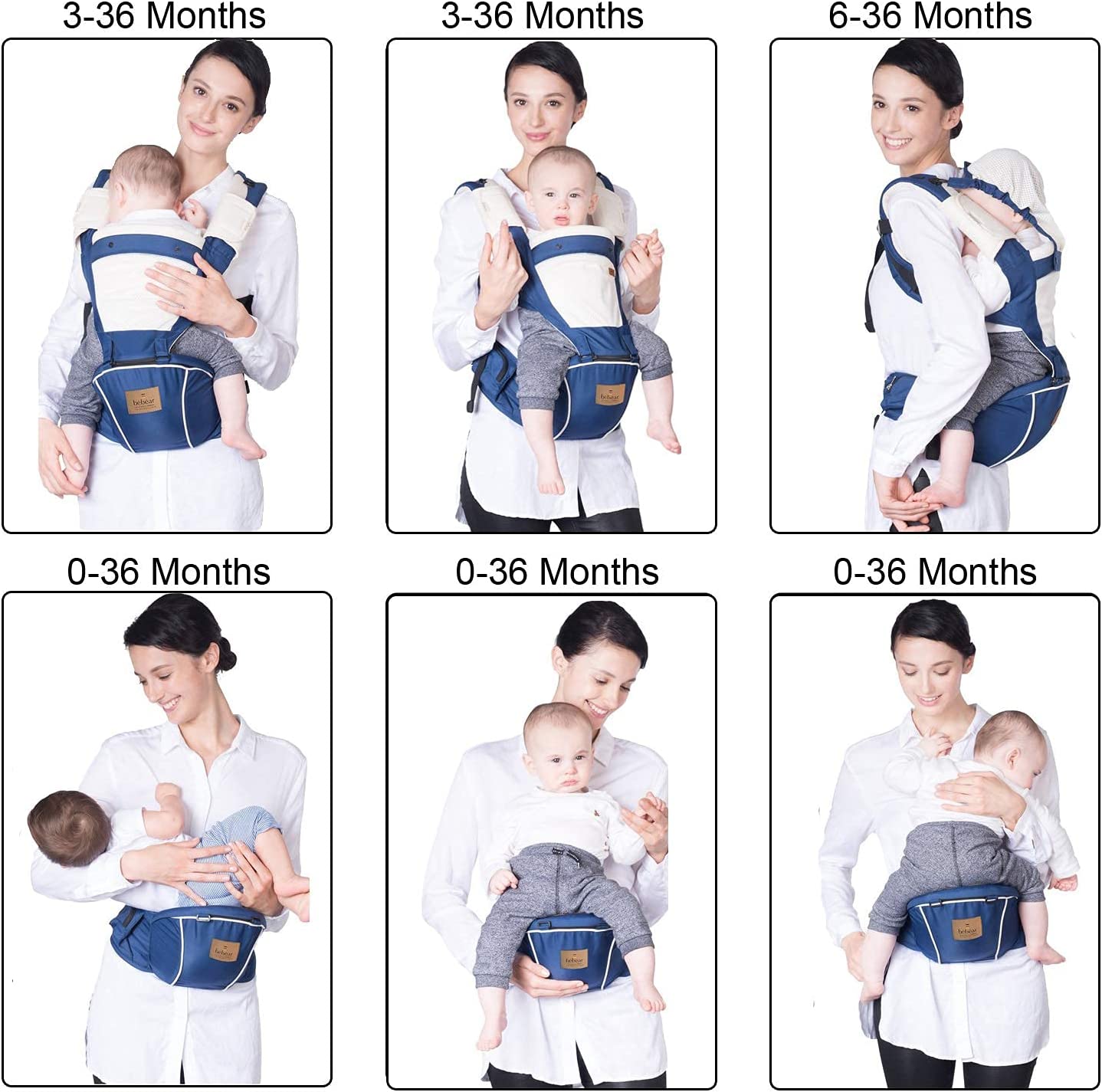 Bebamour bebês-Porta 3-36 meses 6 em 1 Porta-bebês Assento de quadril com tampa para a cabeça, 2 peças de almofadas para babar (porta-bebês, cinza escuro)