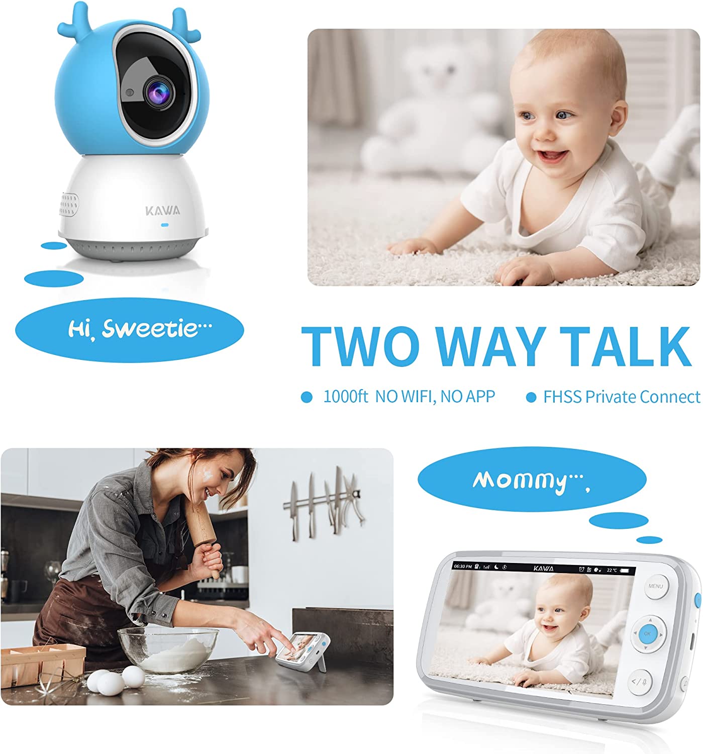 KAWA - Monitor de bebê com câmera e áudio, 5” 720P HD