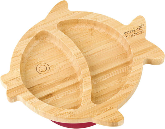 bamboo bamboo Placa de Bambu para Bebês – Crianças e Crianças com Ventosa para Bebês | Não Tóxico | Legal ao toque | Ideal para Baby-Led Weaning (Peixe, Cereja)