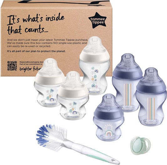 Tommee Tippee Closer to Nature Juego de biberones, tetina con válvula anticólicos, varios tamaños, azul