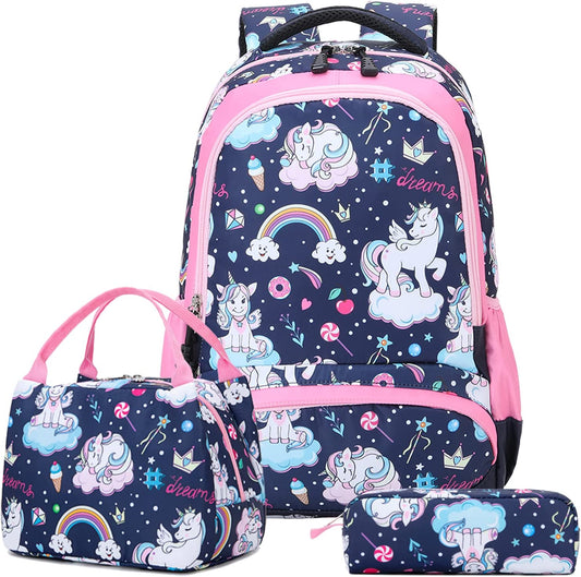 Melsohua - Conjunto de Mochila com Lancheira e Estojo - Unicórnio - Azul/Rosa