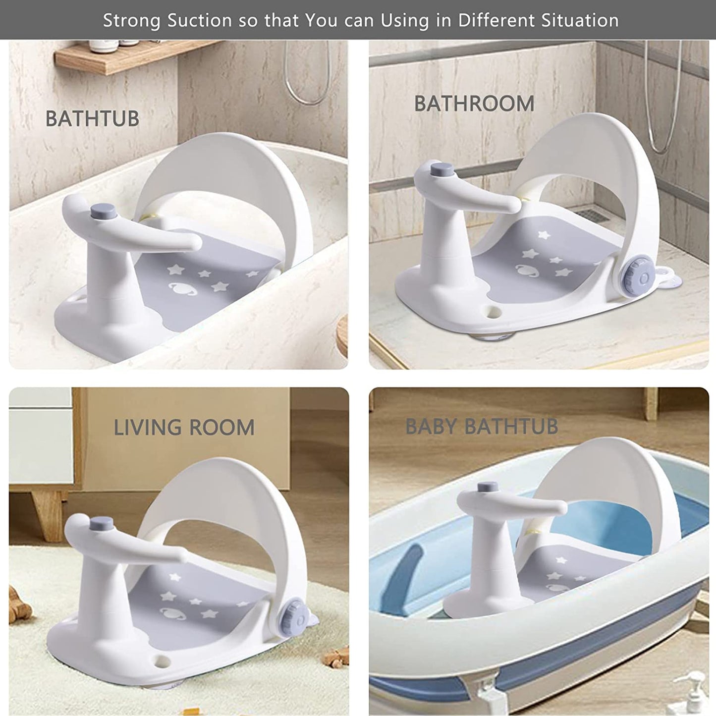 Bebamour - Assento de Banho com Base de Ventosa Reclinável de 3 Posições - (6-18 meses) - Cinza