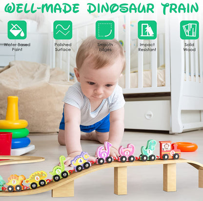 HELLOWOOD - Brinquedo Educativo Trem de Dinossauro de Madeira - 0-10 Números - 2+