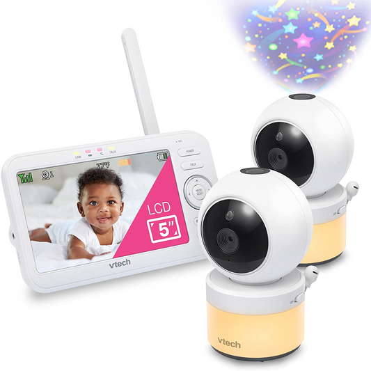 Vtech VM5463-2 Video Baby Monitor LCD de 5" com 2 câmeras, bateria 12 horas. Modo de vídeo, Pan Tilt Zoom, luz noturna colorida, projeção de brilho no teto, recursos ativados por som, conversa bidirecional