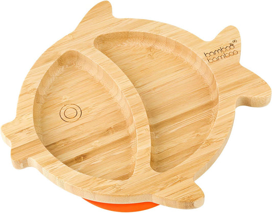 bamboo bamboo Placa de Bambu para Bebês – Crianças e Crianças com Ventosa para Bebês | Não Tóxico | Legal ao toque | Ideal para Baby-Led Weaning (Peixe, Laranja)