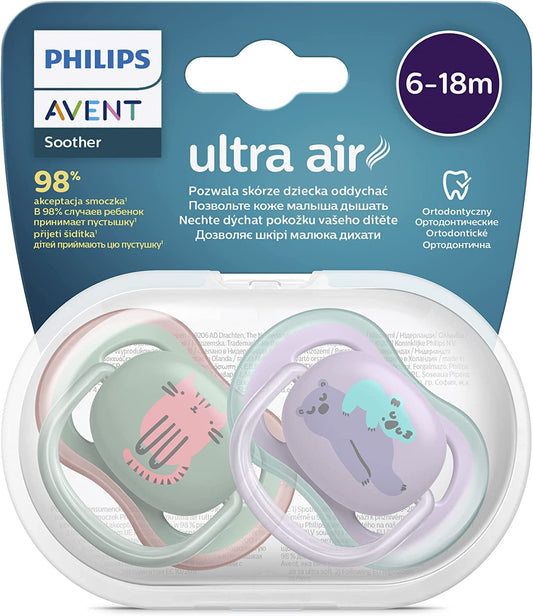 Philips Avent Ultra Air Soother 2 Pack - chupeta sem BPA para bebês de 6 a 18 meses (modelo SCF085/18)