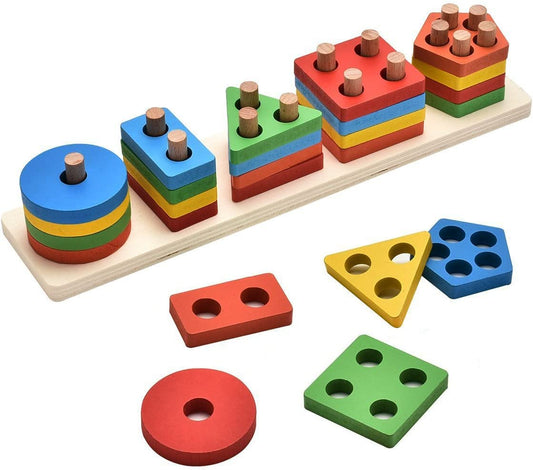 KanCai - Brinquedos Educativos de Madeira Bloco Placa Pilha Formas Geométricas - 1+