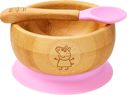 Peppa Pig para Bebê de Sucção Tigela – de Bambu Bebê com Ventosa de Silicone Removível de Tigela e Colher para Conjunto para Crianças| 350ml | Não Tóxico | Legal ao toque | Ideal para Baby-Led Weaning (Peppa Pig)