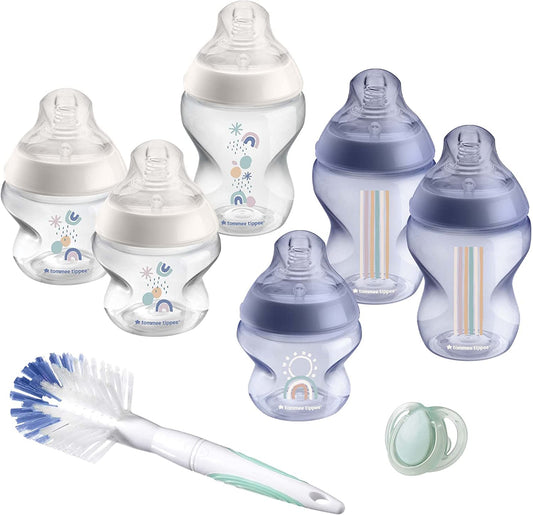 Tommee Tippee Closer to Nature Juego de biberones, tetina con válvula anticólicos, varios tamaños, azul