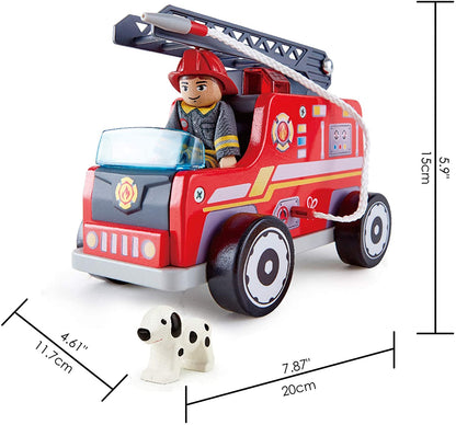 Hape Caminhão de bombeiros de madeira com bombeiro e cachorro