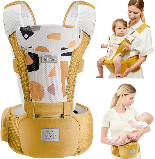 Bebamour bebês - Porta 3-36 meses 6 em 1 Porta-bebês Assento de quadril com capa de cabeça, 3 peças de almofadas para babar (porta-bebês, amarelo ar)