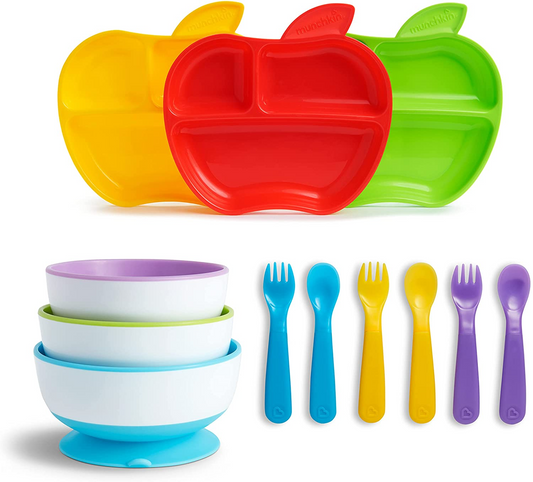 Munchkin Tigelas de sucção para colocar com ventosa, pacote com 3, azul/verde/roxo + pratos infantis divididos Munchkin Lil' Apple, pacote com 3 + talheres Munchkin para mudança de cor, pacote com 6