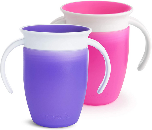 Munchkin Miracle 360 ​​Vaso, Vaso y Sippy para Bebé, Ideal Sippy, Vaso para Agua y Destete de 6+ a 12 Meses, 207 ml, Pack de 2, Rosa y Morado con Ventosas para Colocar, Pack de 3, Azul/Verde /púrpura