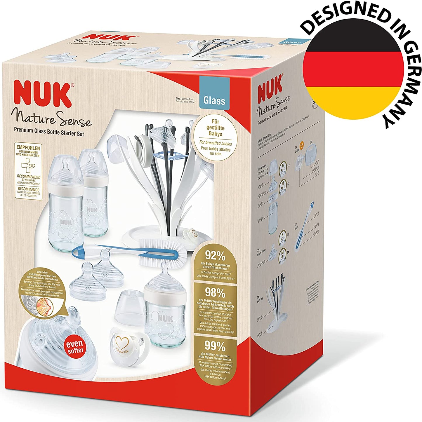 NUK Nature Sense - Conjunto de mamadeiras de vidro, tetina, chupeta e escorredor