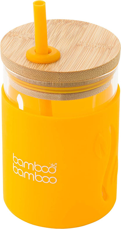 bamboo bamboo Copo infantil com canudo e tampa – Copo infantil de vidro de 350 ml com capa de silicone resistente a impactos | Copo de Transição | Ideal para leite, suco, água ou smoothies (Amarela)