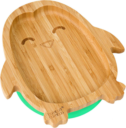 bamboo bamboo de Bambu para Bebês Placa – Crianças e Crianças com Ventosa para Bebês | Não Tóxico | Legal ao toque | Ideal para Baby-Led Weaning (Penguin, Verde)
