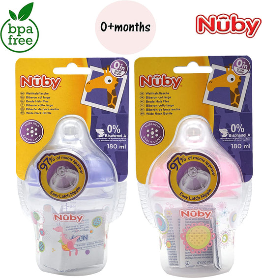 Nuby - Biberones anticólicos con tetinas de silicona - Kit 4 piezas - 180ml - 0-6 meses - Rosa/Morado 