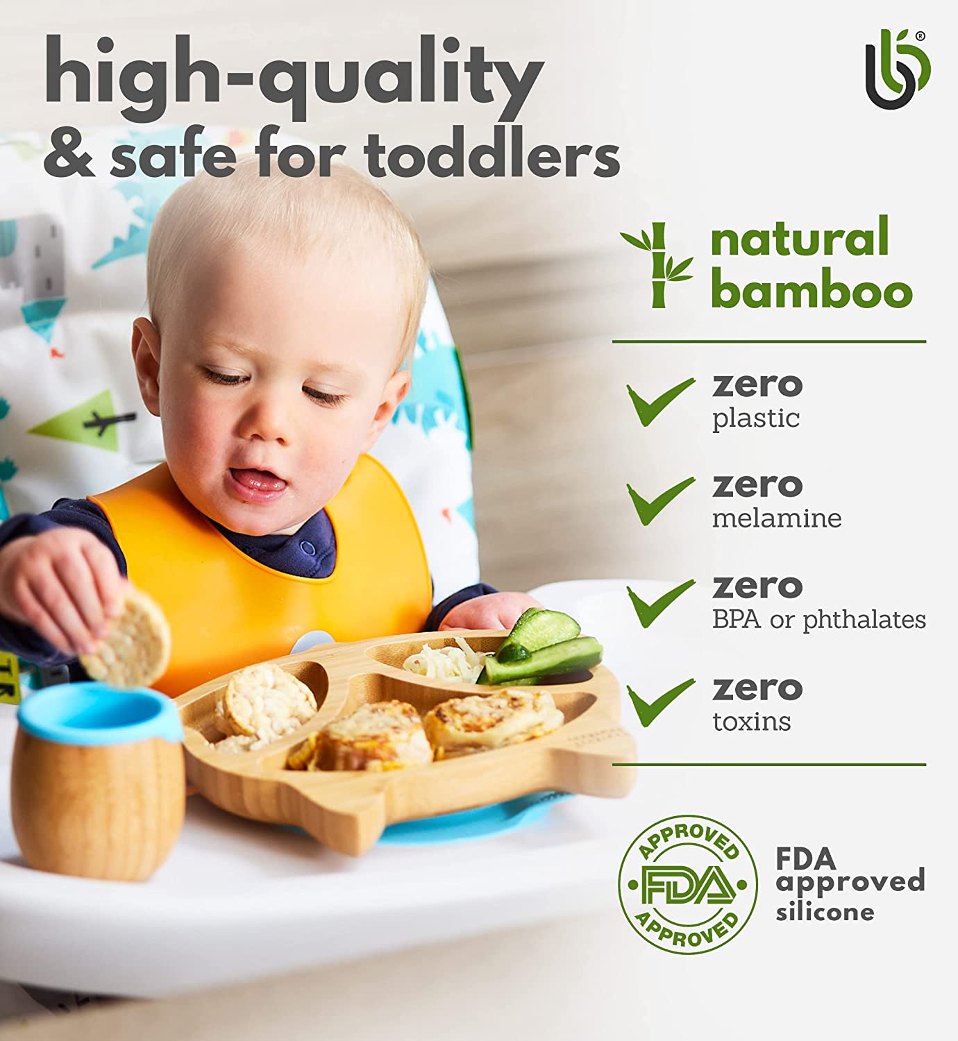 bamboo bamboo Placa de Bambu para Bebês – Crianças e Crianças com Ventosa para Bebês | Não Tóxico | Legal ao toque | Ideal para Baby-Led Weaning (Fox, Azul)