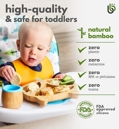 bamboo bamboo Placa de Bambu para Bebês – Crianças e Crianças com Ventosa para Bebês | Não Tóxico | Legal ao toque | Ideal para Baby-Led Weaning (Fox, Azul)
