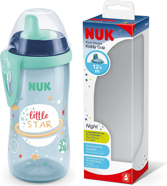 NUK Kiddy Cup Night Toddler Cup | 12+ Meses | 300ml | Bico temperado à prova de vazamento | brilha no escuro | Clipe e tampa protetora | Livre de BPA | Azul