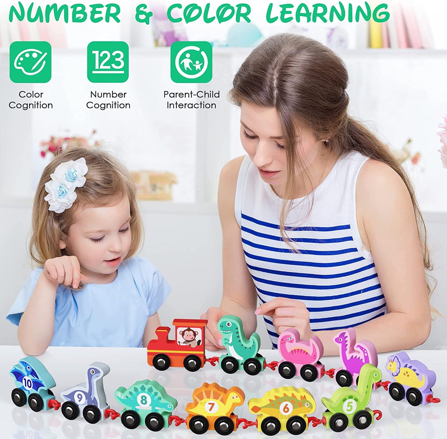 HELLOWOOD - Brinquedo Educativo Trem de Dinossauro de Madeira - 0-10 Números - 2+