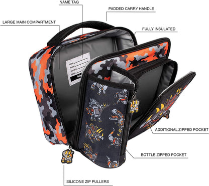Fringoo - de grande capacidade crianças de almoço quadrado para Saco| Pequena bolsa legal lancheira para crianças | Perfeito como lancheira escolar para meninos - dinossauro robô