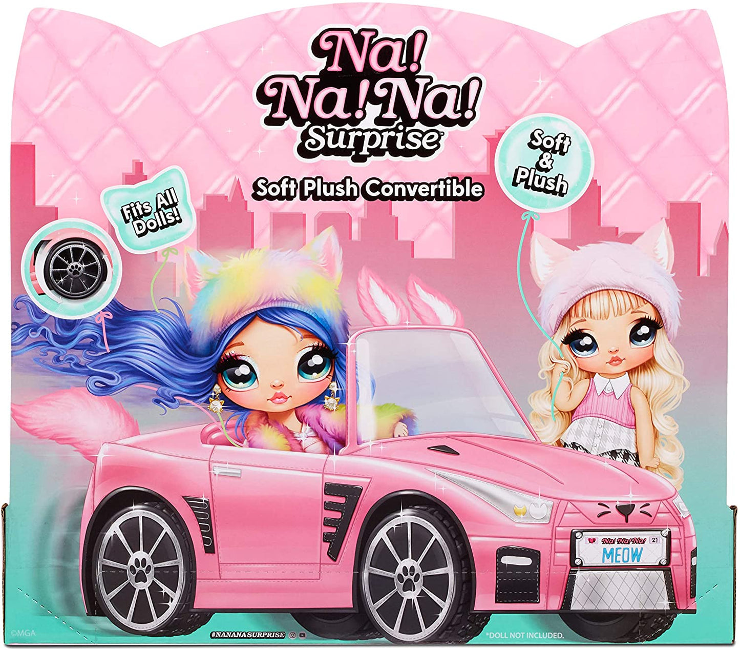 Na! Na! Na! Surprise Carro de Pelúcia Macia Conversível Veículo Rosa com Tema de Gatinho