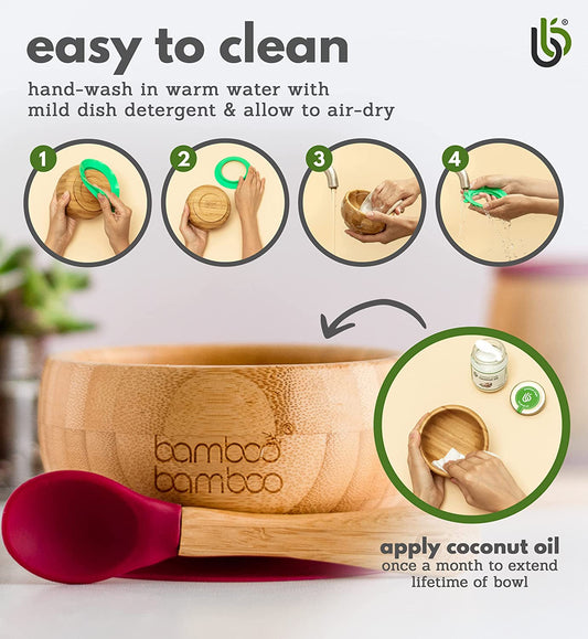 de bambú con ventosa, cuchara y cuenco de bambú para bebé con ventosa de silicona extraíble para niños | 350ml | No tóxico | Fresco al tacto | Ideal para el destete dirigido por el bebé