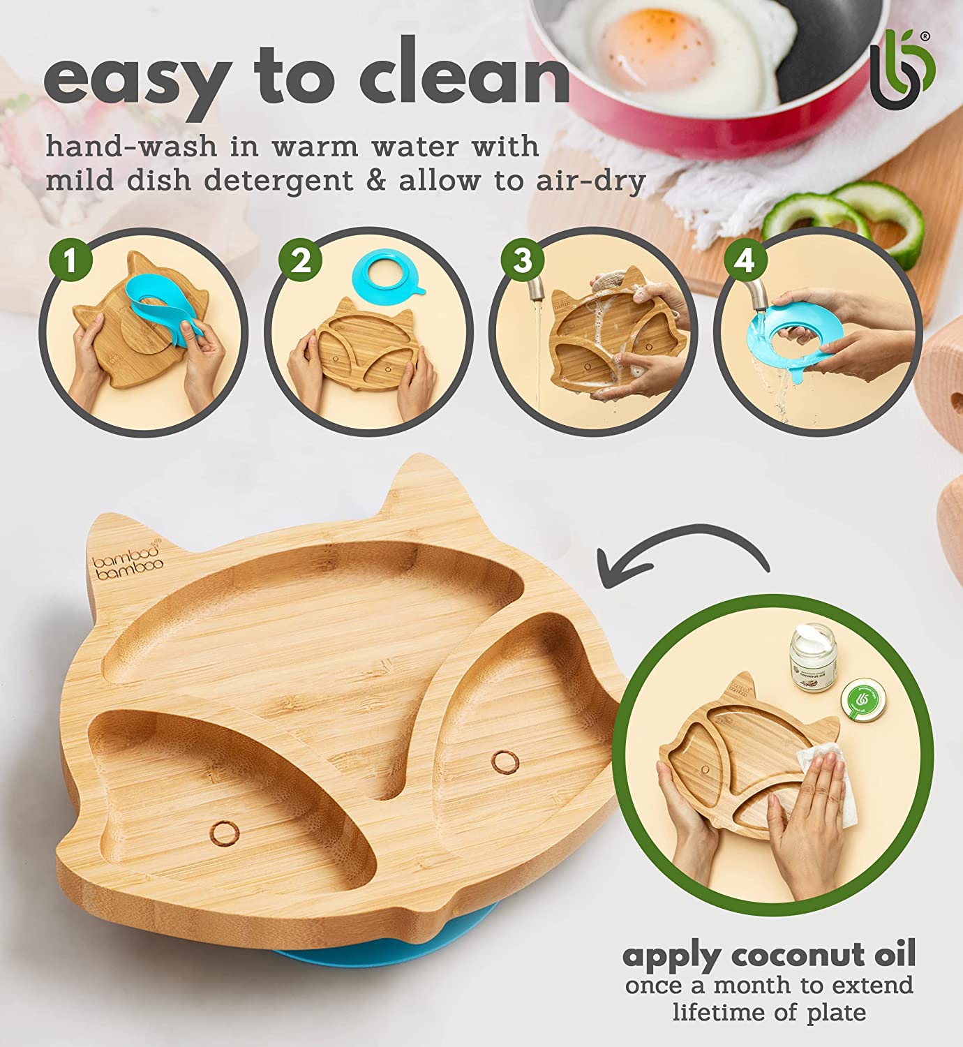 bamboo bamboo Placa de Bambu para Bebês – Crianças e Crianças com Ventosa para Bebês | Não Tóxico | Legal ao toque | Ideal para Baby-Led Weaning (Fox, Azul)