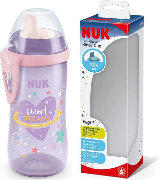NUK Kiddy Cup Night Toddler Cup | 12+ Meses | 300ml | Bico temperado à prova de vazamento | brilha no escuro | Clipe e tampa protetora | Livre de BPA | Roxo
