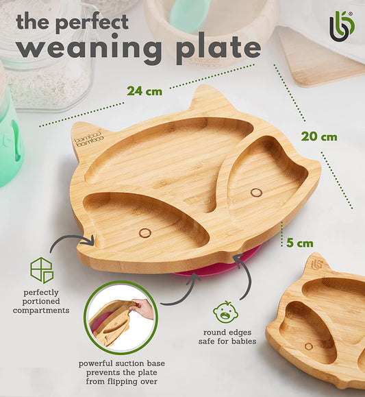 Bamboo Bamboo Tabla de Bambú para Bebés - Niños y Niños con Ventosa para Bebés | No tóxico | Fresco al tacto | Ideal para el destete dirigido por el bebé (Fox, Pink)