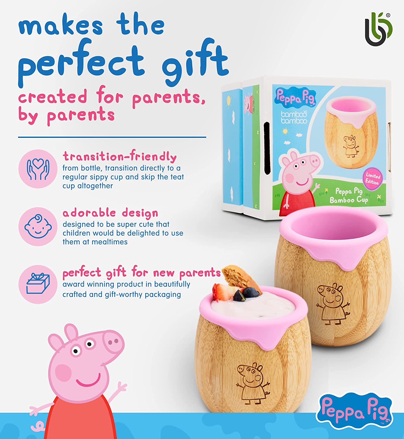 Peppa Pig X bamboo bamboo ® Crianças e Bebês Ventosa Prato de Bambu para Bebês | Não Tóxico | Legal ao toque | Ideal para Baby-Led Weaning (Peppa Cup)