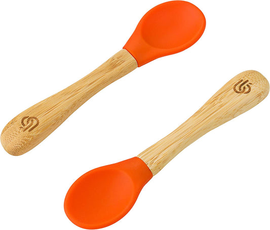 Cucharas de destete para bebés de bambú de bambú - Cucharas de bambú con puntas de silicona curvadas suaves para niños y bebés | Puntas de silicona extraíbles | Utensilios ideales para el destete del bebé (juego de 2, Naranja)