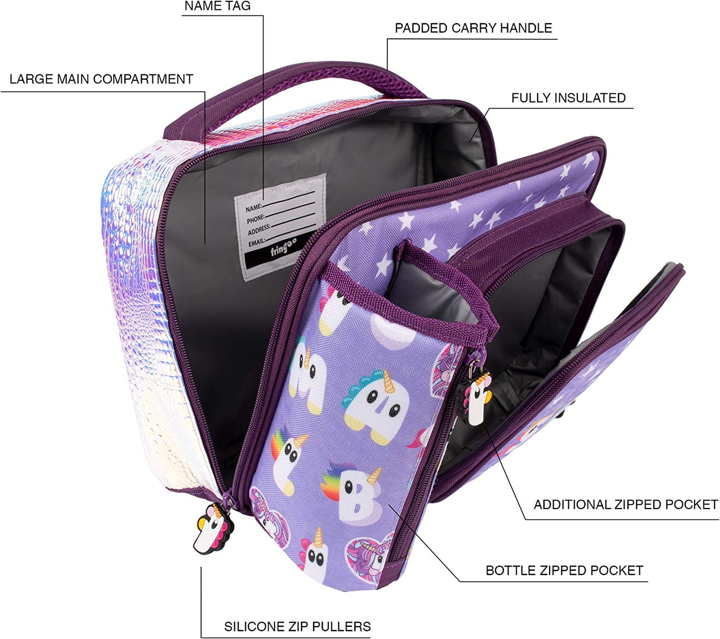 Fringoo - de grande capacidade crianças de almoço quadrado para Saco| Pequena bolsa legal lancheira para crianças | Perfeito como lancheira escolar para Meninas - Sorria