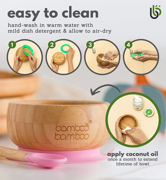 Cuenco de bambú con ventosa para bebé, juego de cuchara y cuenco de bambú con ventosa de silicona extraíble, 350ml