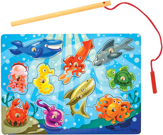 Melissa & Doug - Jogo de pesca magnético de madeira e quebra-cabeça com ímãs de animais do oceano de madeira