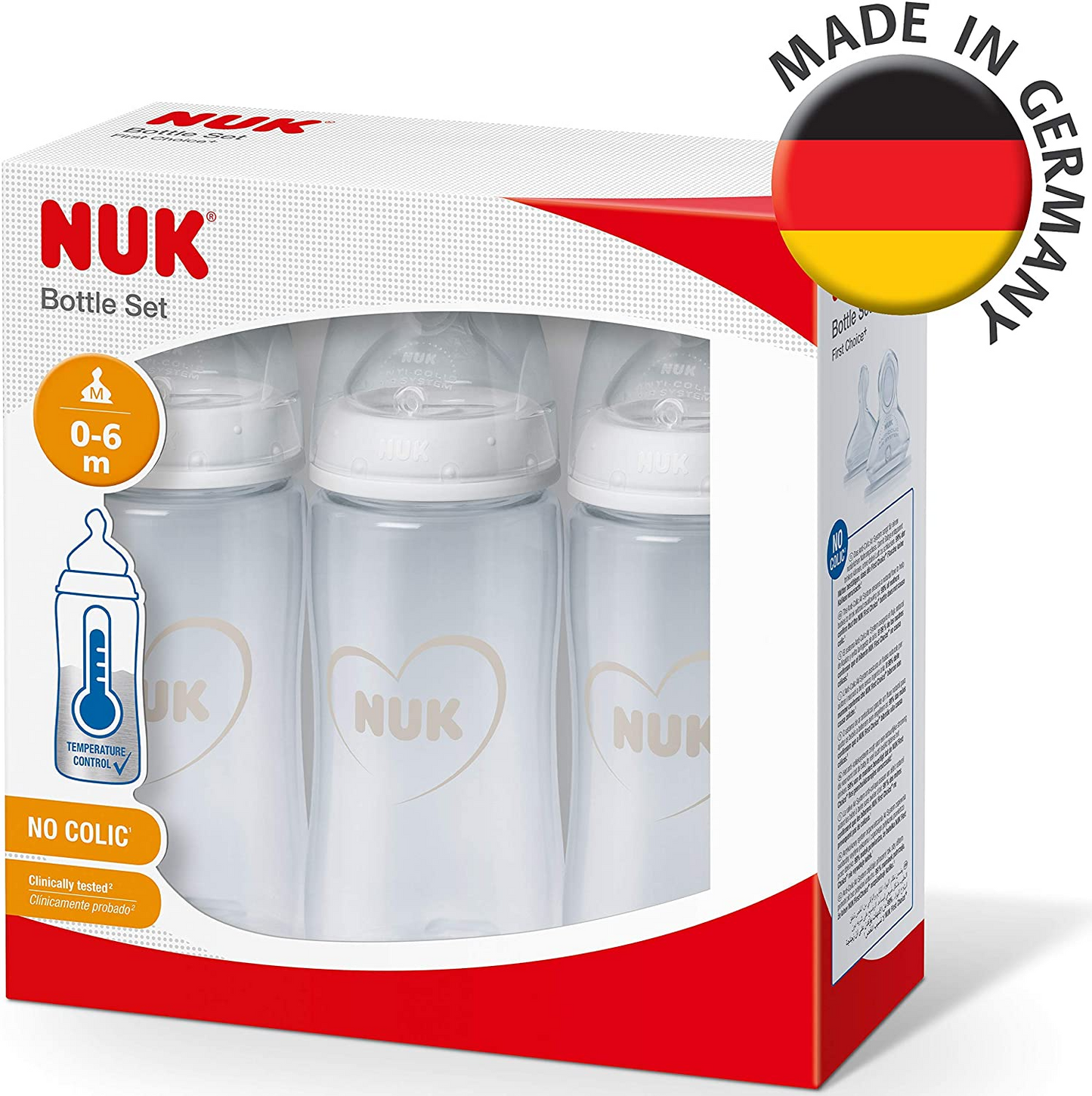 NUK First Choice+ de mamadeiras Conjunto | 0-6 Meses | Controle de temperatura | Tetina de Silicone | ventilação anti cólica | Livre de BPA | 300ml | Corações (Branco) | 3 contagem