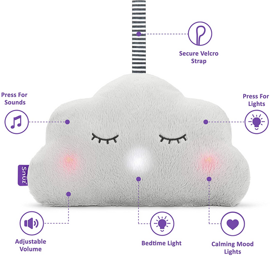 SnüzCloud Ayuda para dormir para bebés con 4 sonidos relajantes y 2 opciones de luz suave – Tacto suave y suave – Portátil y elegante