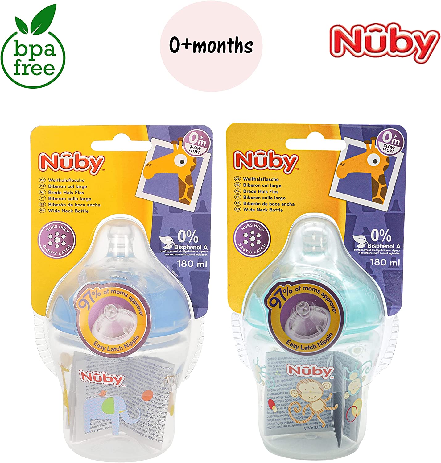 Nuby - Mamadeiras Anti-cólicas com Bicos de Silicone - Kit 4 peças - 180ml - 0-6 meses - Azul/Verde