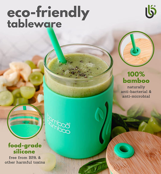 bambú bambú Vaso infantil con pajita y tapa - Vaso infantil de cristal de 350 ml con funda de silicona resistente a los golpes | Copa de Transición | Ideal para leche, jugo, agua o batidos (Amarillo)