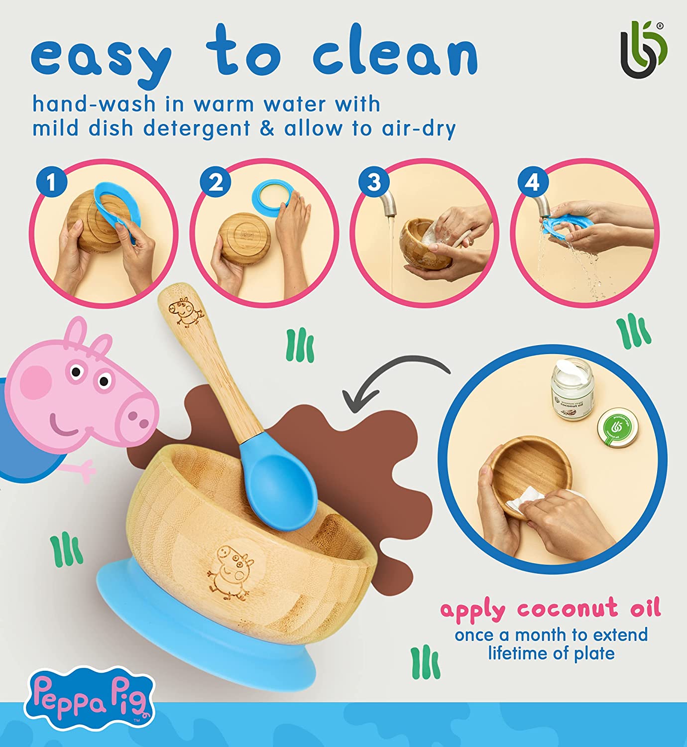 Peppa Pig de Sucção Tigela para Bebê -Bebê de Tigela e Colher para Conjunto de Bambu com Ventosa de Silicone Removível para Crianças | 350ml | Não Tóxico | Legal ao toque | Ideal para Baby-Led Weaning (George Pig)