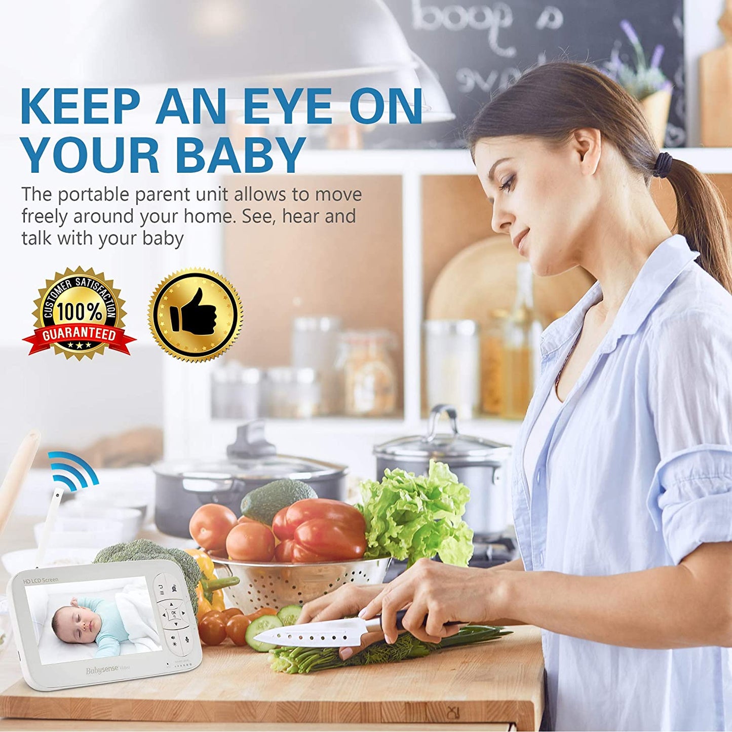 Babysense Babá Eletrônica HD de 5 ", monitor de bebê de vídeo com câmera e áudio, duas câmeras