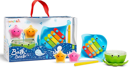 Conjunto de presente de brinquedo de banho musical Munchkin Bath Beats, 4 unidades (pacote de 1) e peixe de mistura de cores, brinquedo de banho que muda de cor
