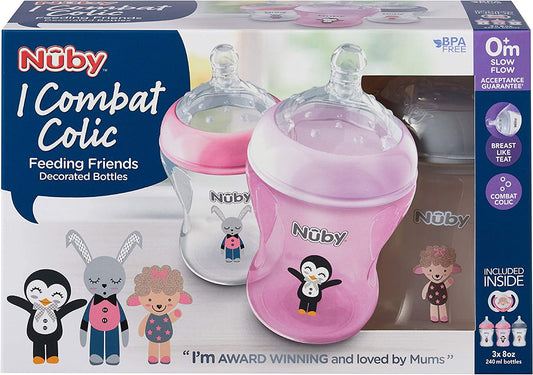 Nuby Biberones Decorados Anticólicos Easy Latch 3x 240ml + 1 Chupete Decorado ROSA