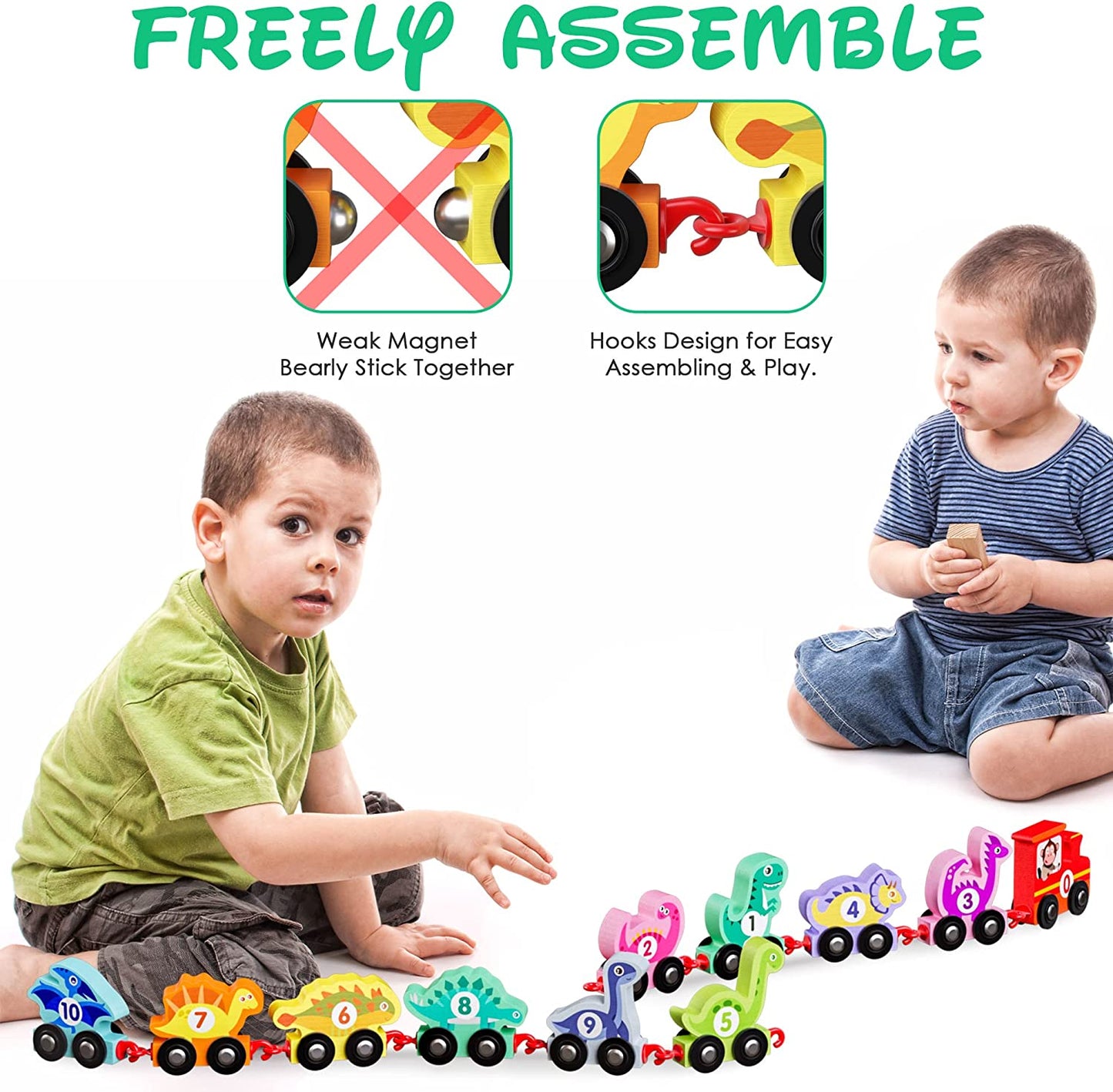 HELLOWOOD - Brinquedo Educativo Trem de Dinossauro de Madeira - 0-10 Números - 2+