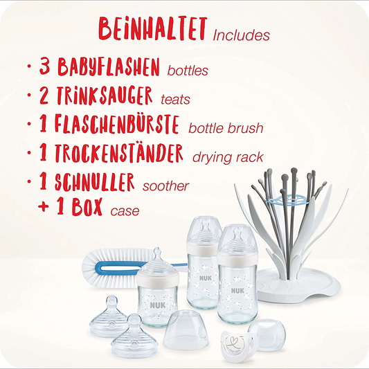 NUK de garrafas de vidro Nature Sense Conjunto | 0-6 Meses | 3 Biberões | 2 Tetinas | Escova para garrafas | Prateleira de Secagem | Boneco Gênio | Branco | 8 peças