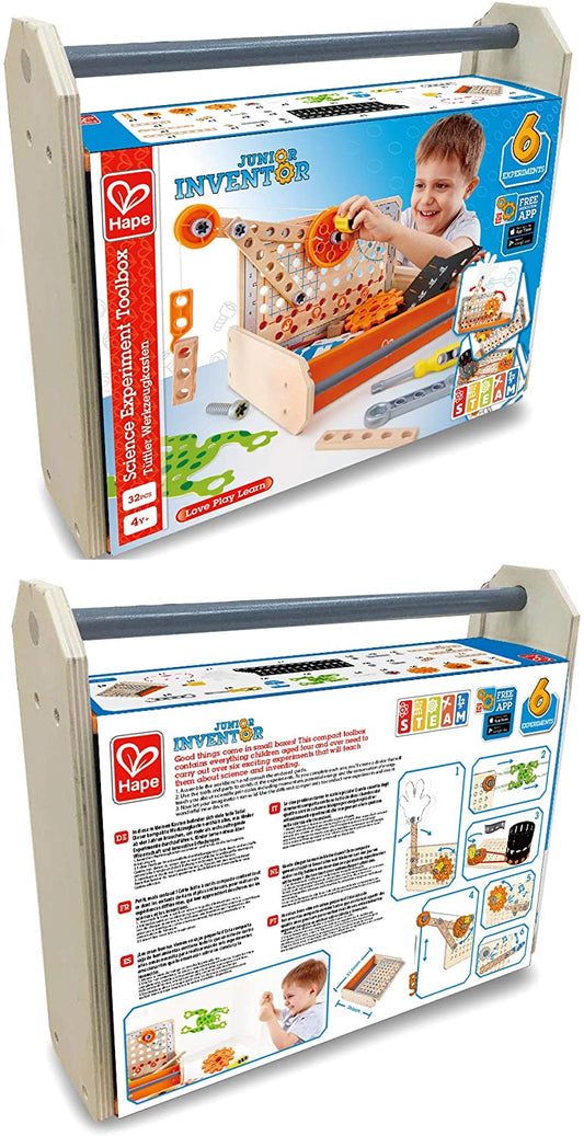 Hape - Caixa de ferramentas do experimento Junior Inventor Science, portátil de madeira - 7 experimentos